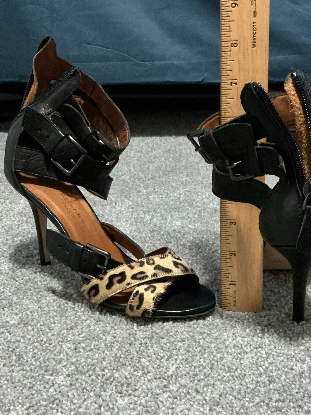 Leopard Accent Black Buckle High Heel Sandals